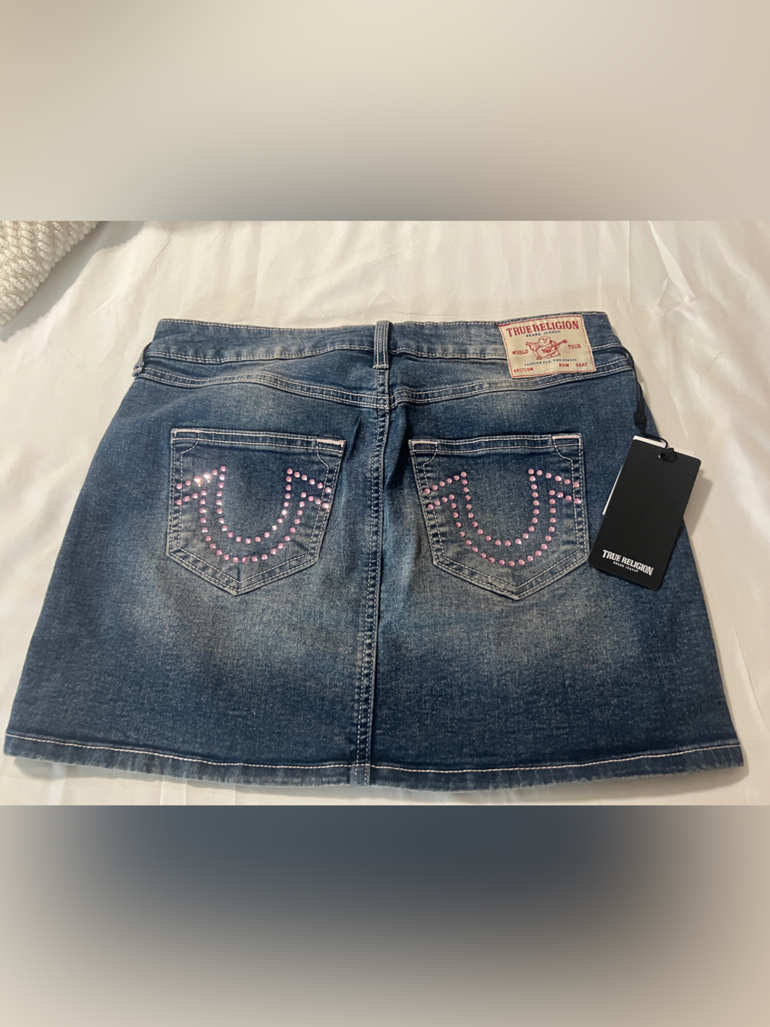 True Religion Dark Blue Denim Mini Skirt With Pink Pocket Studs